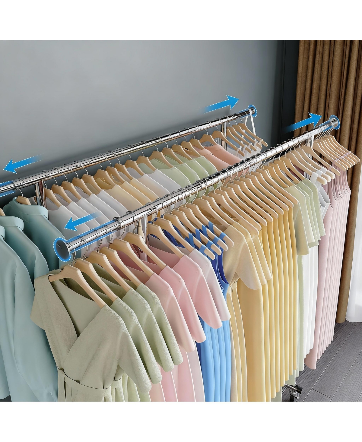 Yigii Heavy Duty Collapsible Clothes Rack with Wheels, 650Lbs Capacity, Double Rod, 75"W x 22"D x 68"H