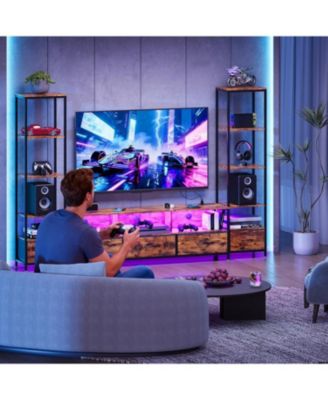 TV Entertainment Center with Storage, 5 Fabric Drawer, 2 Bookshelf, TV Console with Shelf