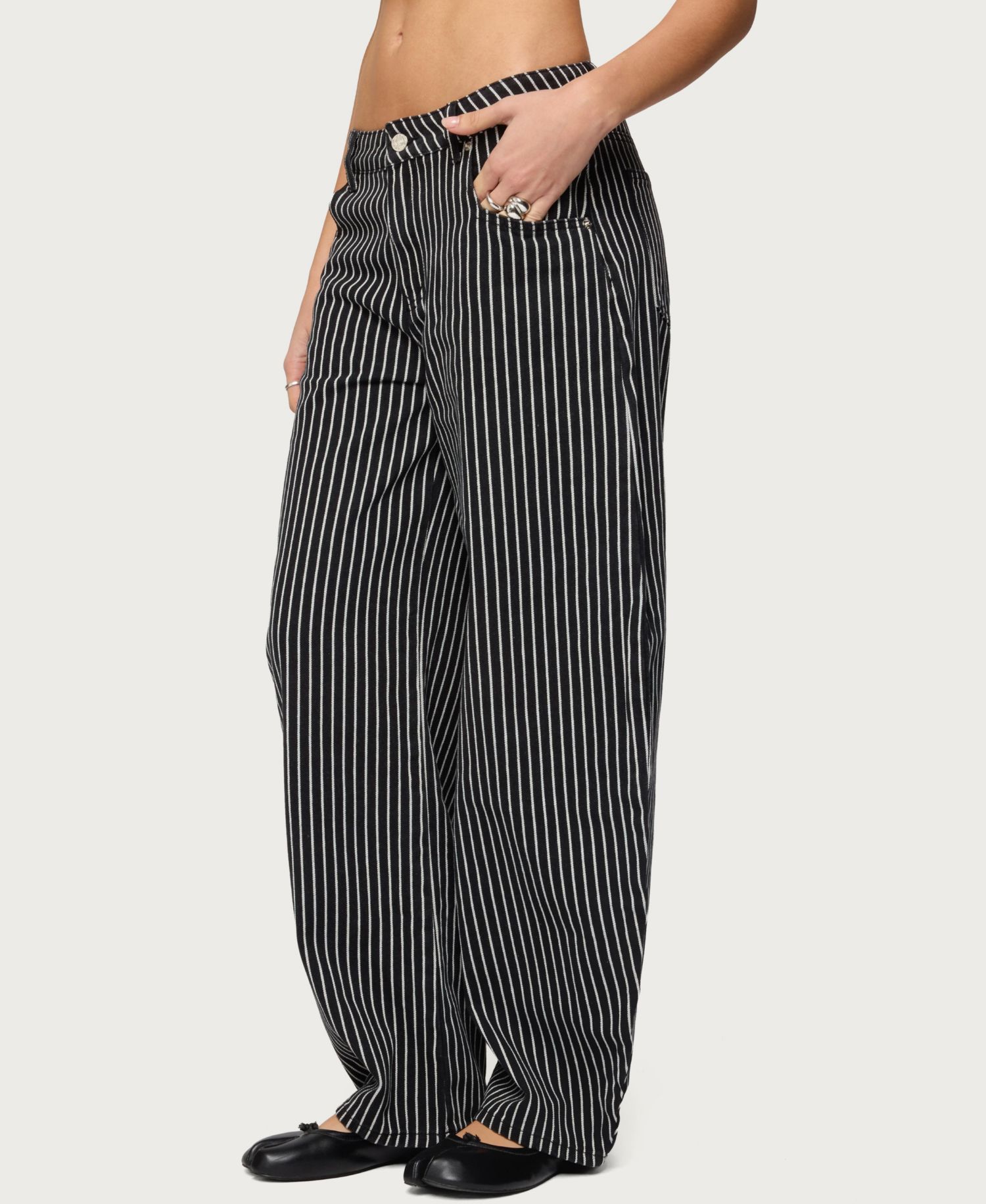Women's Pinstripe Low Rise Barrel Leg Jeans