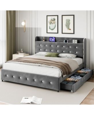 Full Size Bed Frame, Upholstered Platform Bed Frame with Trundle and 4 Storage Drawers, Bed Frame with Diamond Tufted Headboard, Wooden Slats