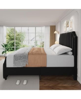 Bed Frame, Platform Bed Frame with Velvet Upholstered 50.2'' Headboard, Rivet Decoration, Strong Wooden Slats, No Box Spring Needed