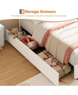 Twin Size Bed Frame with 2 Storage Drawers, Velvet Upholstered Platform Bed with Rainbow Headboard for Kids, Solid Wood Slats Support