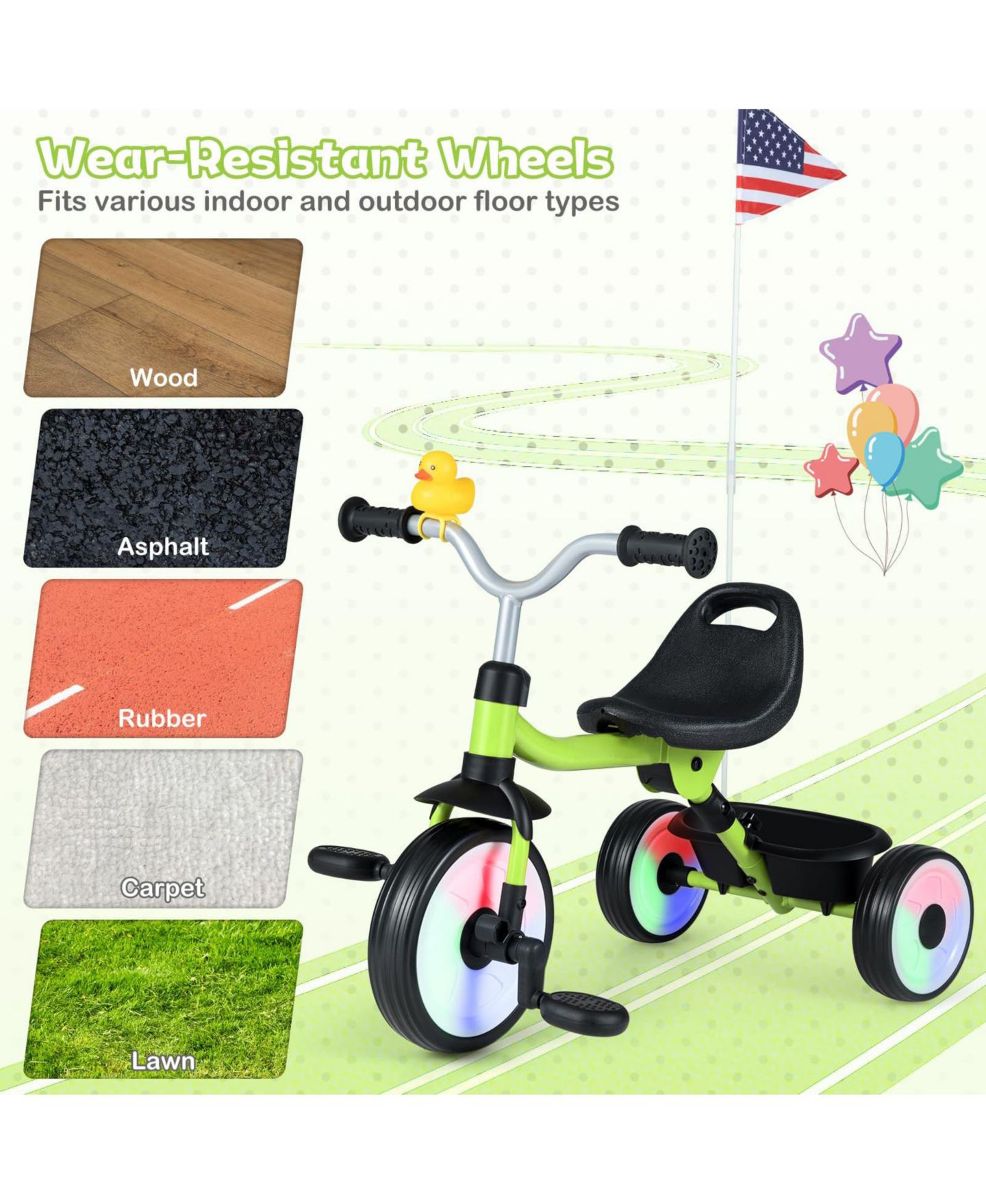 Детская игрушка Mecale Toddler Tricycle, 3-in-1 Convertible with LED Wheels and Storage Basket, Ages 3+, цвет: Зелёный — фото 6