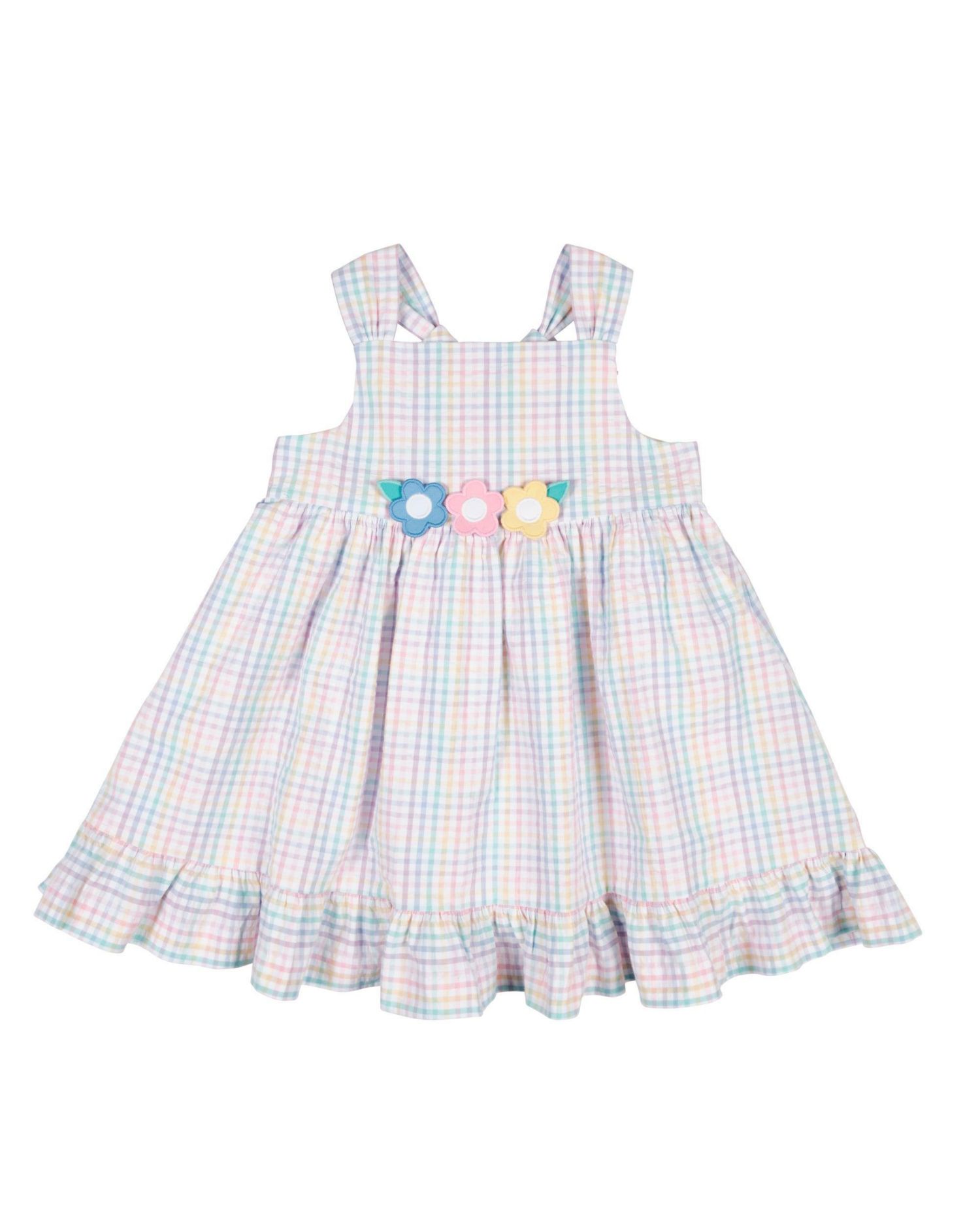 Little Girls Plaid Seersucker Dress With Flowers