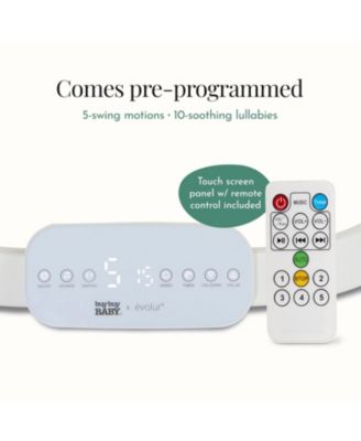 Baby evolur Comfort Cocoon Swing: TUYA voice control, 5-speed sway with remote. Features touchscreen music, removable canopy, toys, and 5-point harness.