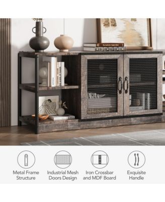 Farmhouse TV Stand for 65+ Inch TVs, Media Stand with Mesh Door & Storage Shelves