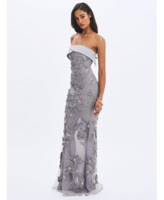 Women's Raphaela Silver Beaded Floral Strapless Mermaid Maxi Dress