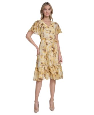 Women's Flutter-Sleeve Floral Print Midi Dress