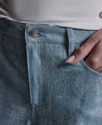 Women's Mid-Rise Embellished Detail Wide-Leg Jeans