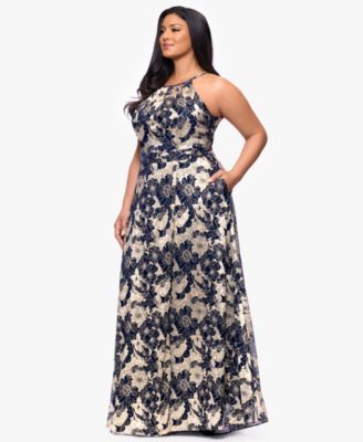 Plus Size Halter Wrap Foil Ball Gown
