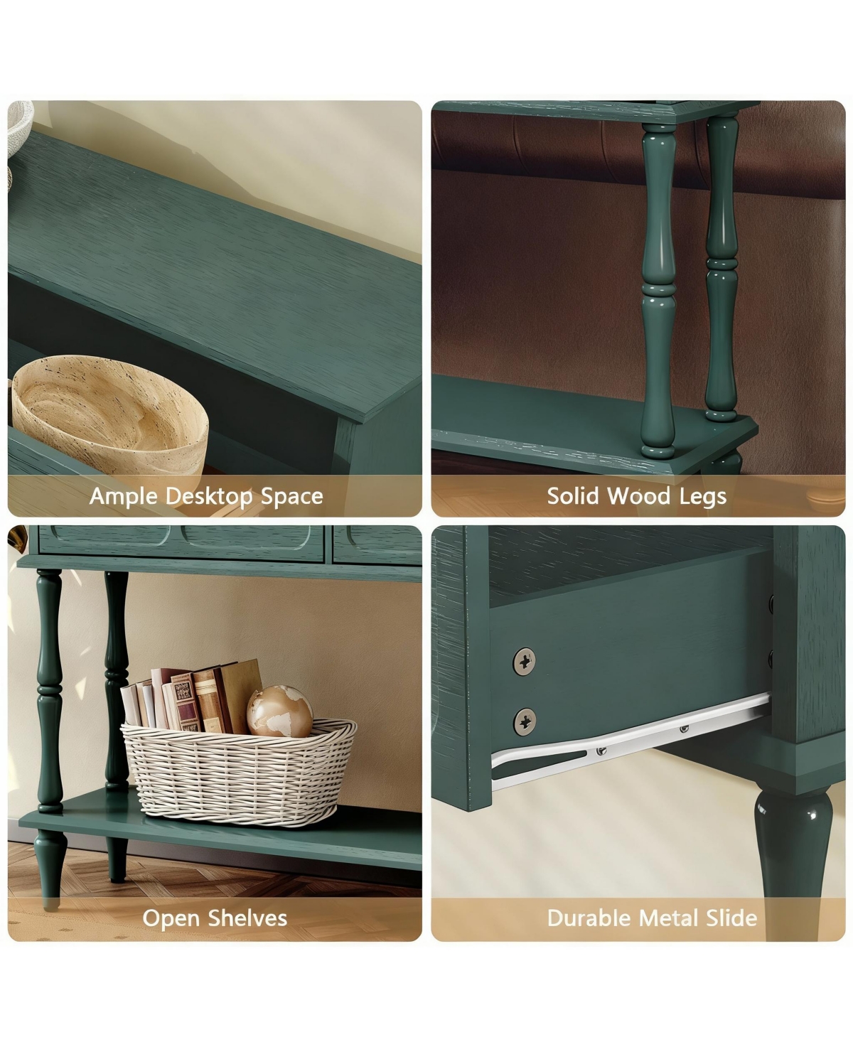 Yigii Mid-Century Green Console Table, 2 Drawers, Open Shelf, Vintage Design