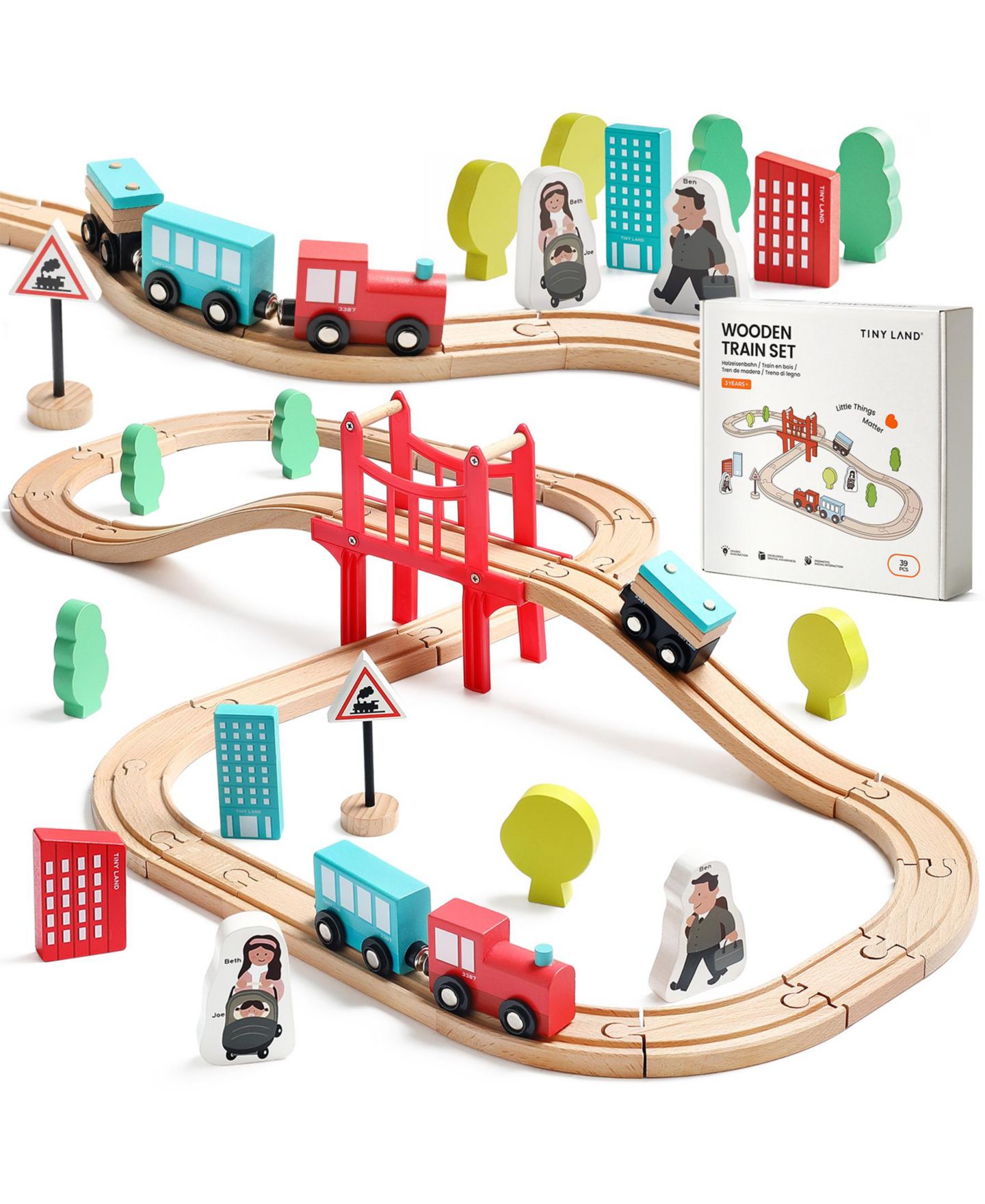 Детские конструкторы Tiny Land Wooden Train Set 39-Piece, Ages 3+ — фото 1