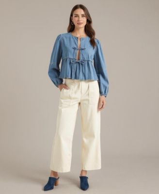 Women's Roma Denim Tie-Front Peplum Blouse