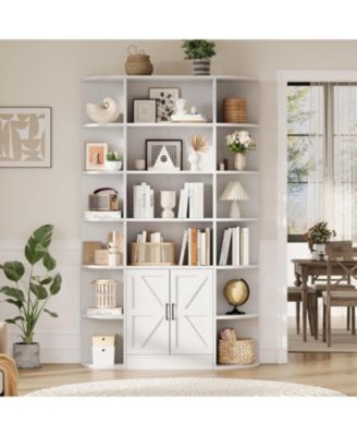 Bookshelf with Doors,6 Tier Bookcase with Storage Cabinet, Modern Farmhouse Freestanding Wood Display Shelves with Book Storage Cabinet