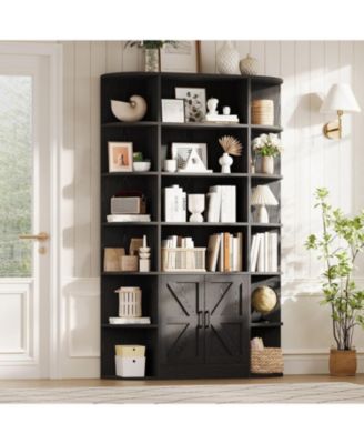 Bookshelf with Doors,6 Tier Bookcase with Storage Cabinet, Modern Farmhouse Freestanding Wood Display Shelves with Book Storage Cabinet