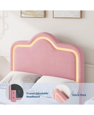 Twin Size Upholstered LED Bed Frame with Adjustable Headboard and Footboard, Velvet Princess Platform Bedframe for Kids/Girls, Easy Assembly