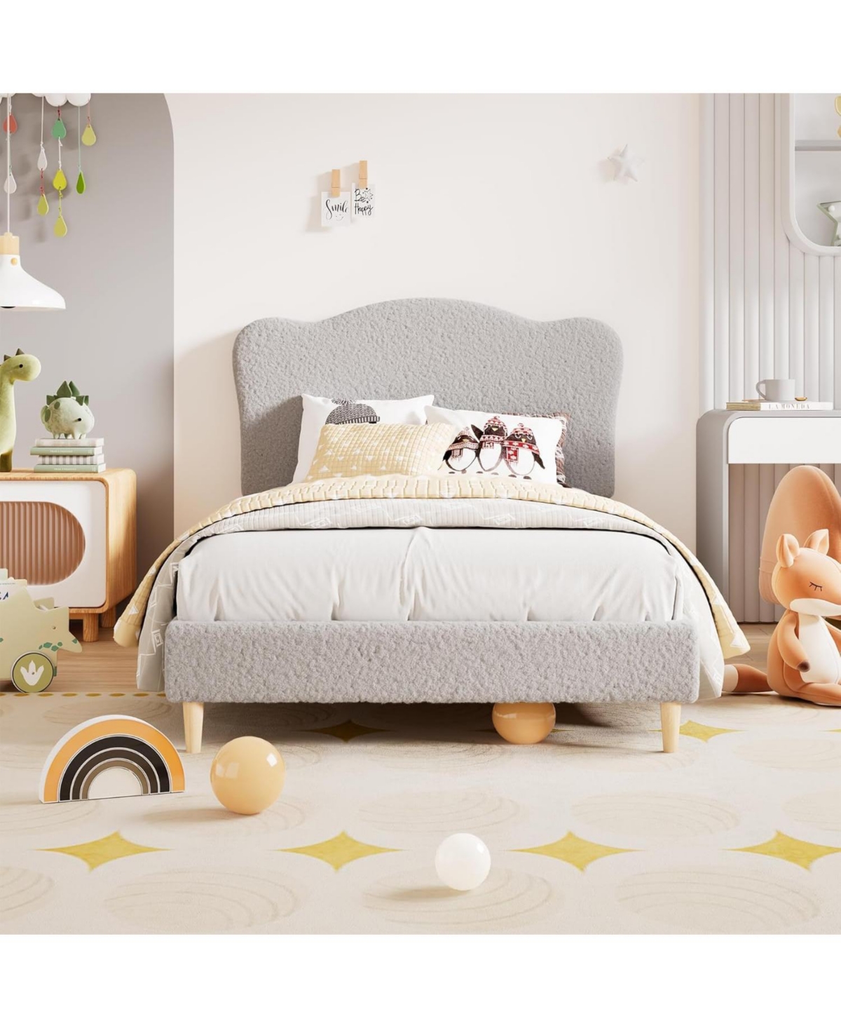 gaomon Upholstered Twin Size Bed Frame for Kids with Scallop Headboard, Cute Velvet Twin Bed for Girls, Boys, Sturdy Platform Bed