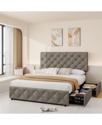 Bed Frame with 4 Storage Drawers, Linen Upholstered Platform Bed Frame with Adjustable Headboard