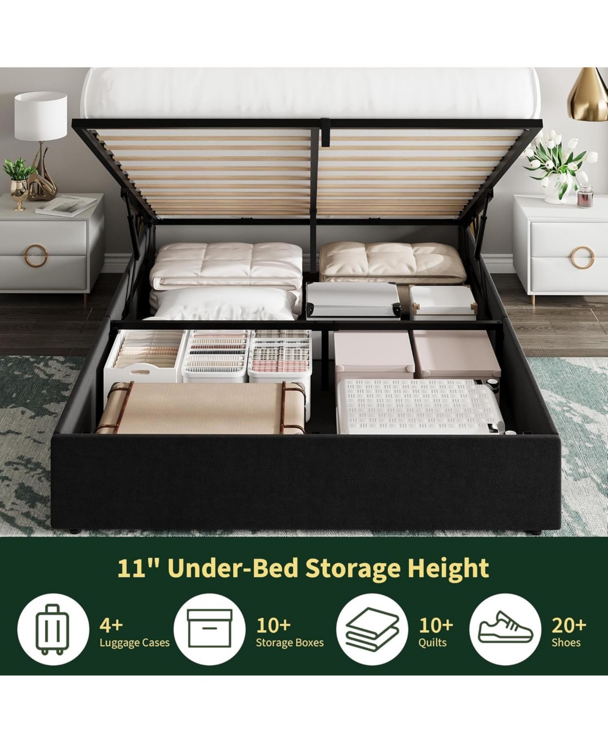 gaomon Queen Lift-Up Storage Bed Frame, Velvet Upholstered Wingback Headboard, Hydraulic Lift