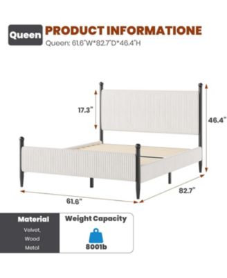 Queen Upholstered Bed Frame with Velvet Headboard, Corduroy Platform, Wood Slats, White