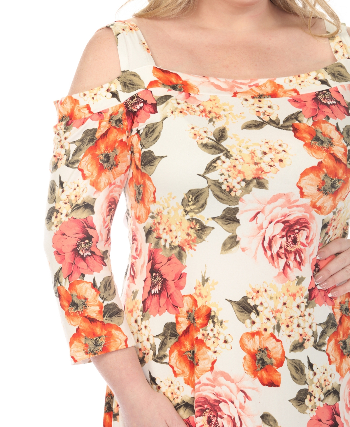 White Mark Plus Cold Shoulder 3/4 Sleeve Dress