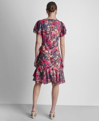 Petite Flutter-Sleeve Jewel Neck Dress