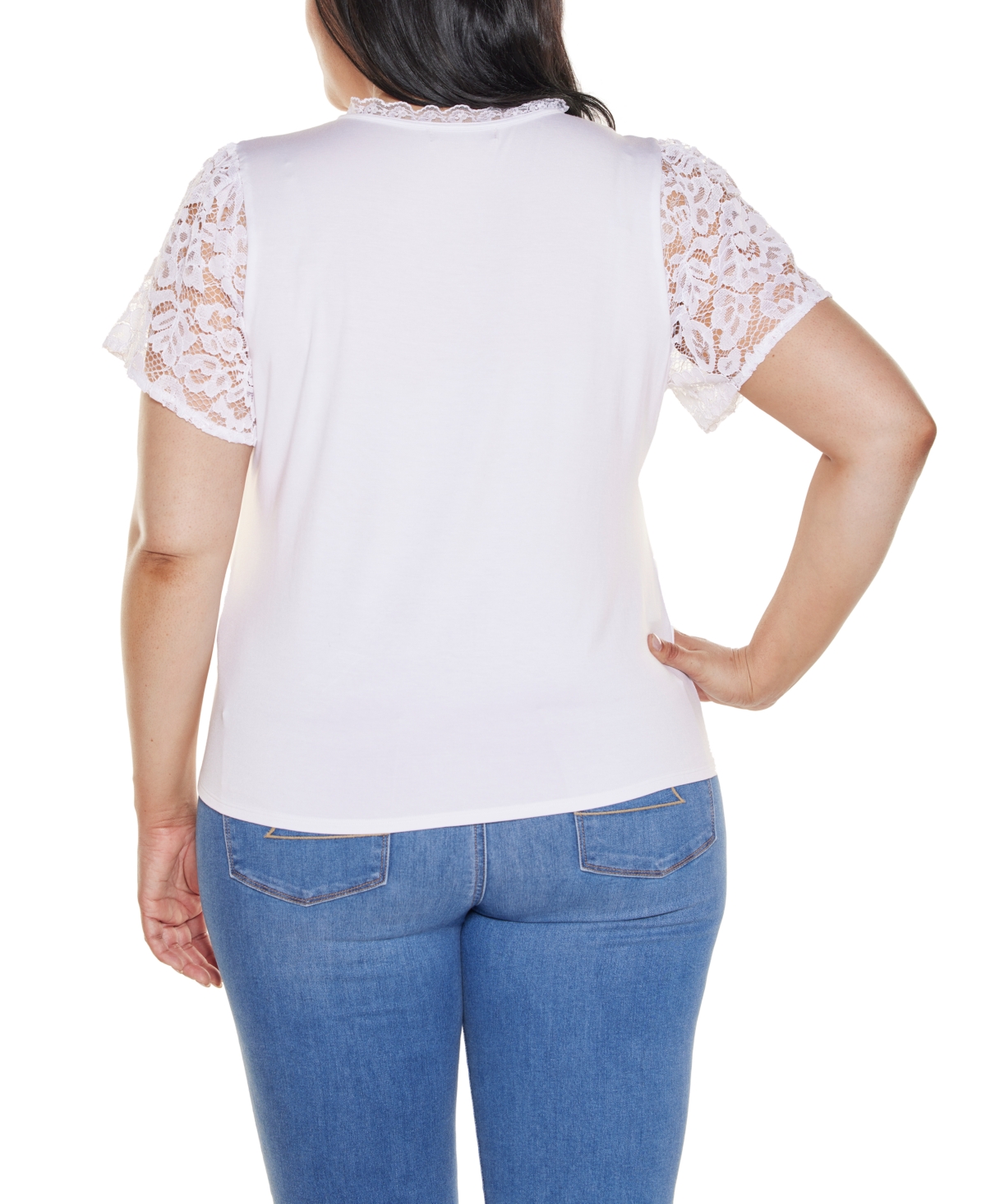 Belldini Plus Crochet Lace Sleeve V-Neck Top