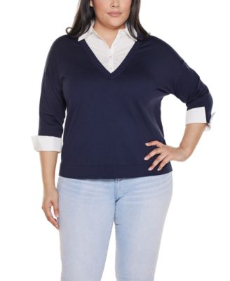 Plus Size Woven-Collar Twofer Sweater