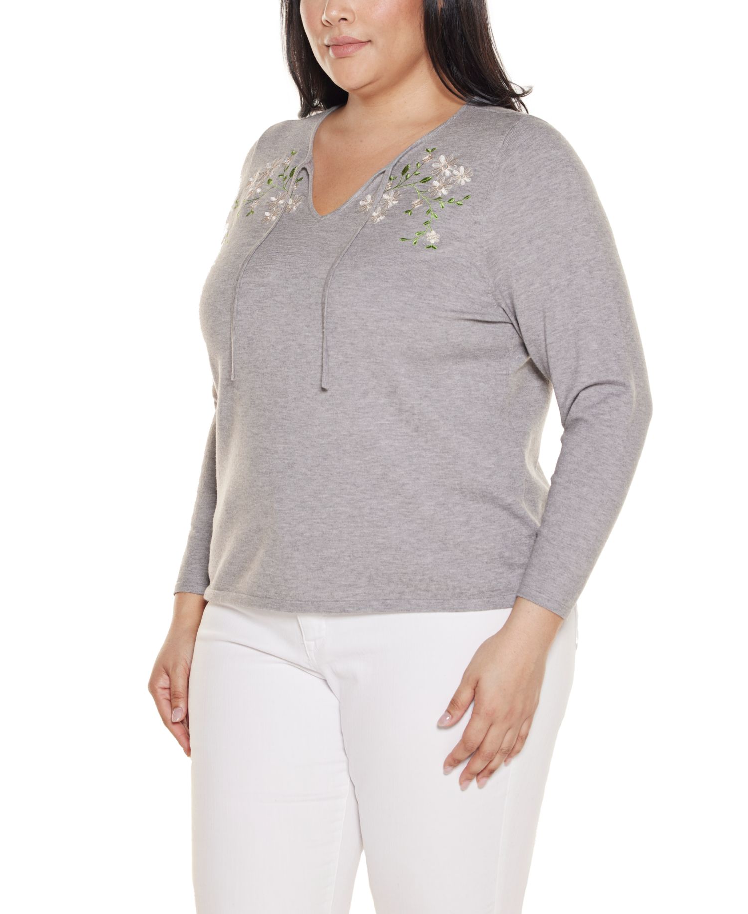 Plus Size Embroidered-Flower Split-Neck Sweater