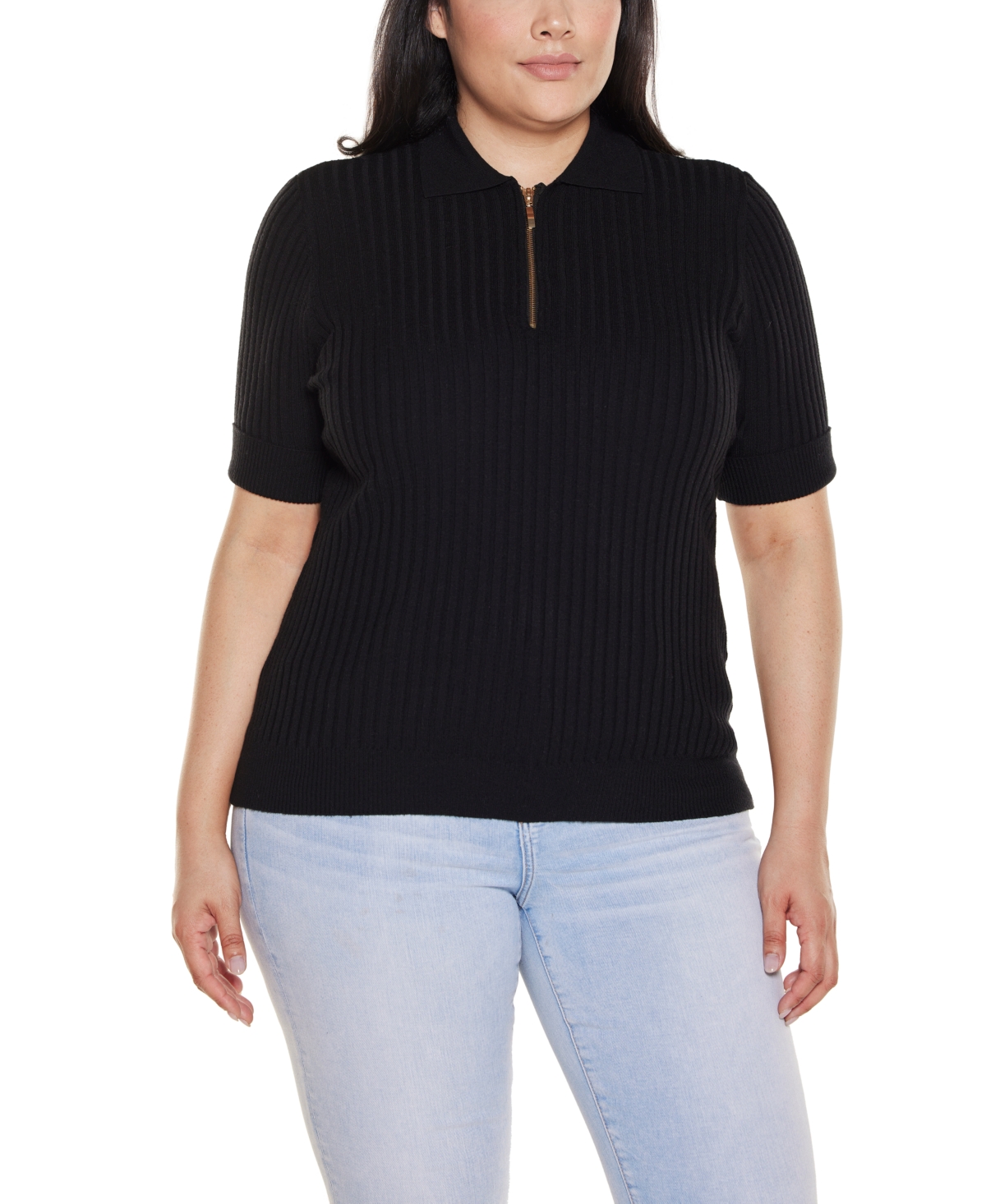 Belldini Plus Collared Quarter-Zip Ribbed-Knit Sweater