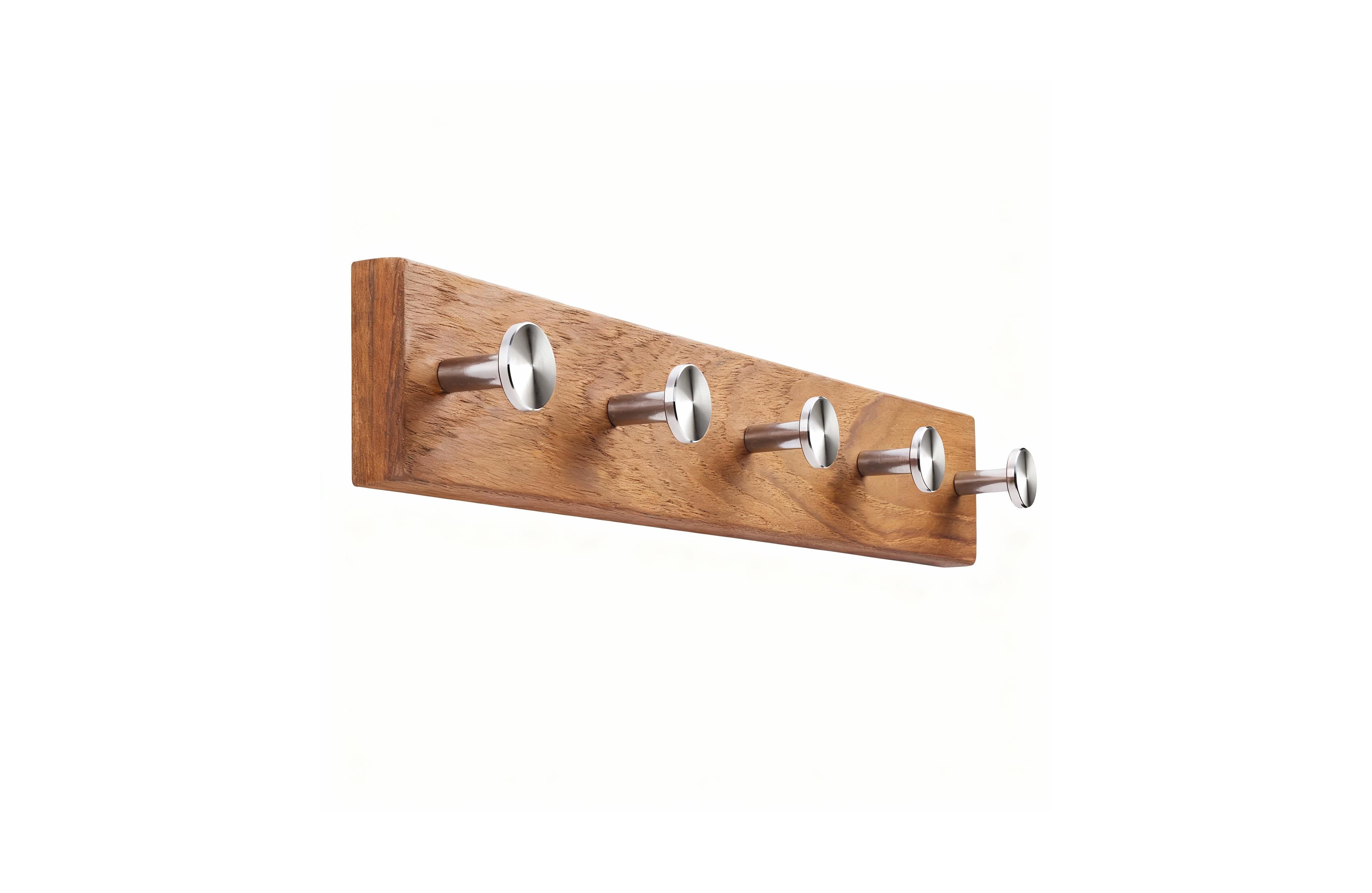Yigii Teak Wood 5-Hook Wall Rack, Stainless Steel Hooks, 6kg Load, Easy Install