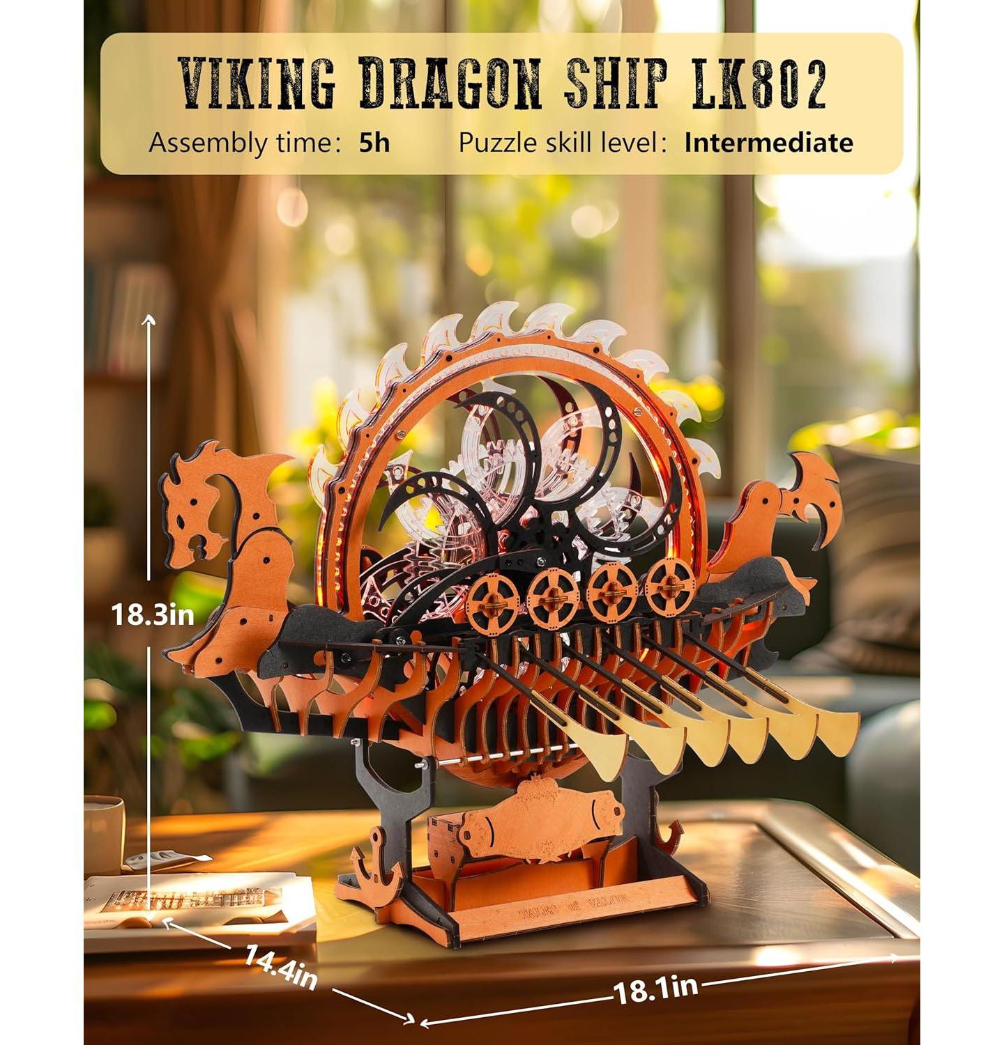 Детский пазл Robotime LK802 Viking Dragon Ship Mechanical Wooden Puzzles, 229 Pieces 3D Puzzles for Adults, Crafts for Adults Hobby Building Kit, цвет: Коричневый — фото 5