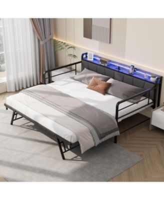 Twin Daybed with Trundle & LED Light, Metal Frame, Linen Headboard, Charging Station