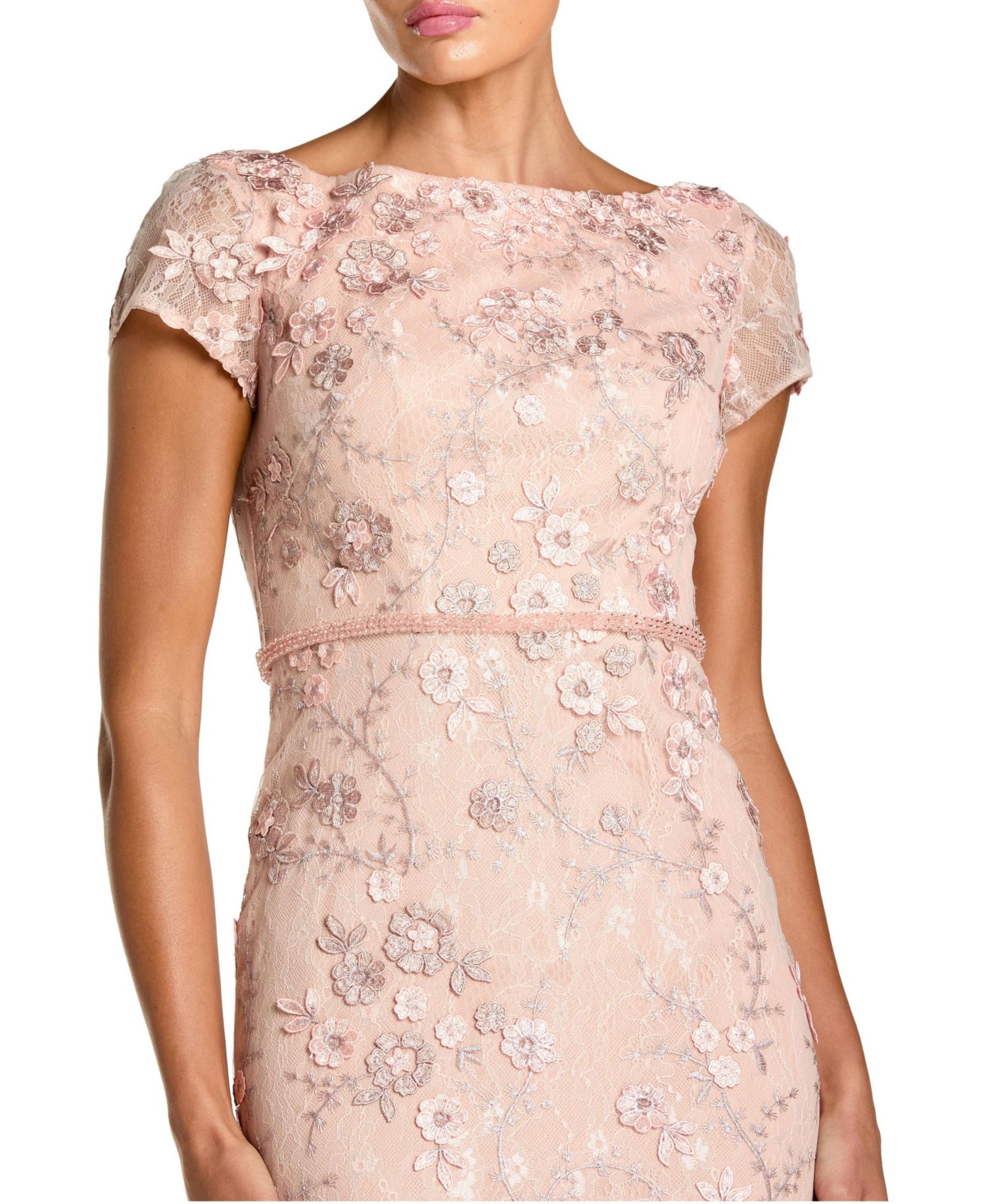 Women's Floral Applique Boat Neck Cap Sleeve Gown