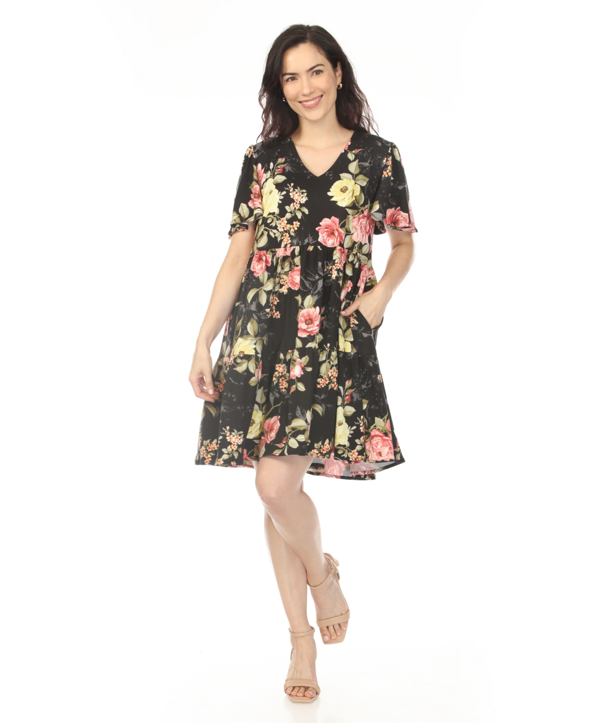 White Mark Women's V-Neck Tropical Flower Short Sleeve Dress