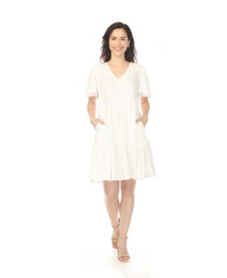 white v neck short sleeve dress Embroidery Spliced V-Neck Puff Short Sleeves Dress in White