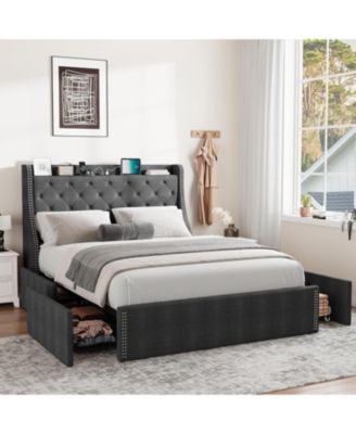 2Pcs Set Upholstered Queen Size Bed Frame with 4 Storage Drawers & Wingback Headboard, USB/Type-C Charging Station, Tufted Design