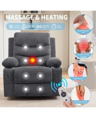 Recliner Chair Nursery, Oversized Manual Reclining Rocking Chair, 360 Swivel Glider with Cup Holder, Massage and Heat Recliner