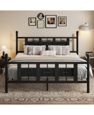 King Size Bed Frame with Headboard and Footboard, Metal King Bed Frame w/Vintage Circular Design & Storage Space Under Bed, Easy Assembly