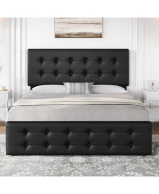 Bed Frame with 4 Storage Drawers and Headboard, Faux Leather Upholstered Platform Bed Frame with Wooden Slats Support