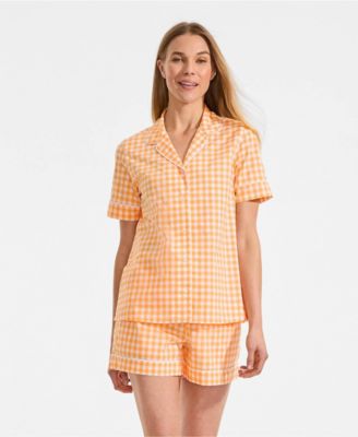 Women's Cotton Poplin 2 Piece Pajama Set - Short Sleeve Top and Shorts