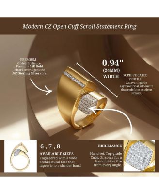 Modern 14k Gold Plated CZ Open Cuff Scroll Statement Ring