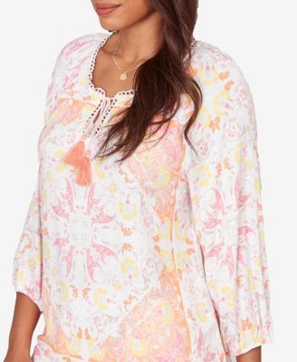 Petite Tapestry Print Drawstring Peasant Top