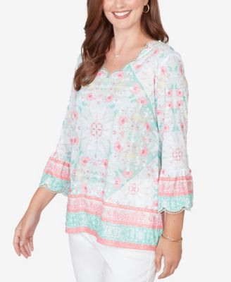 Petite Scalloped Neck Tapestry Print Knit Top