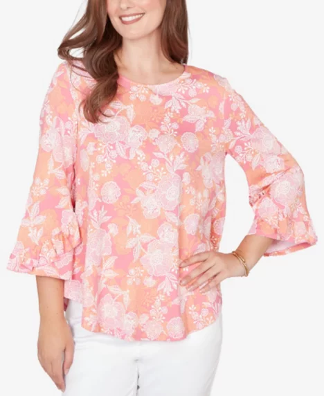 Petite Floral Puff Print Ruffle Knit Top - Cotton Candy Multi