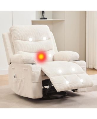 Nursery Recliner Chair, Oversized Corduroy Manual Glider with 360° Swivel, Rocking, Massage & Heat