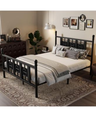 Full Size Metal Bed Frame with Headboard, Footboard & Vintage Circular Design, Storage Space, Easy Assembly
