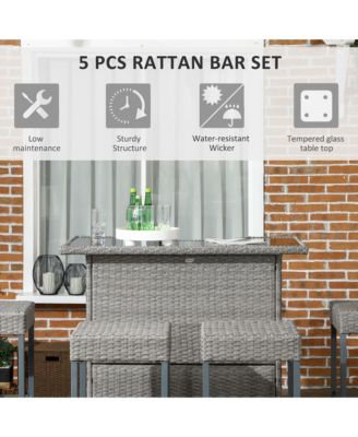 5 Piece Rattan Wicker High Top Outdoor Bar Table and Chairs Set