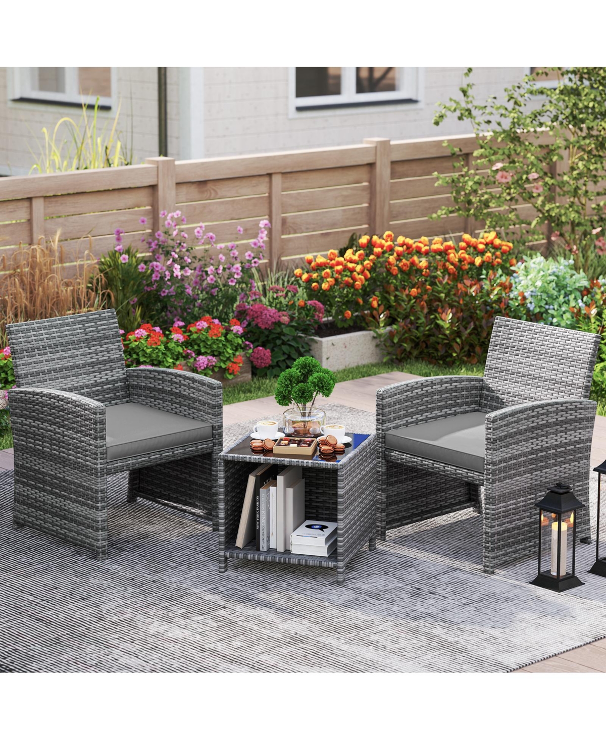 Gymax 3 Pieces Patio Furniture Set Pe Rattan Chairs w/ Storage Coffee Table