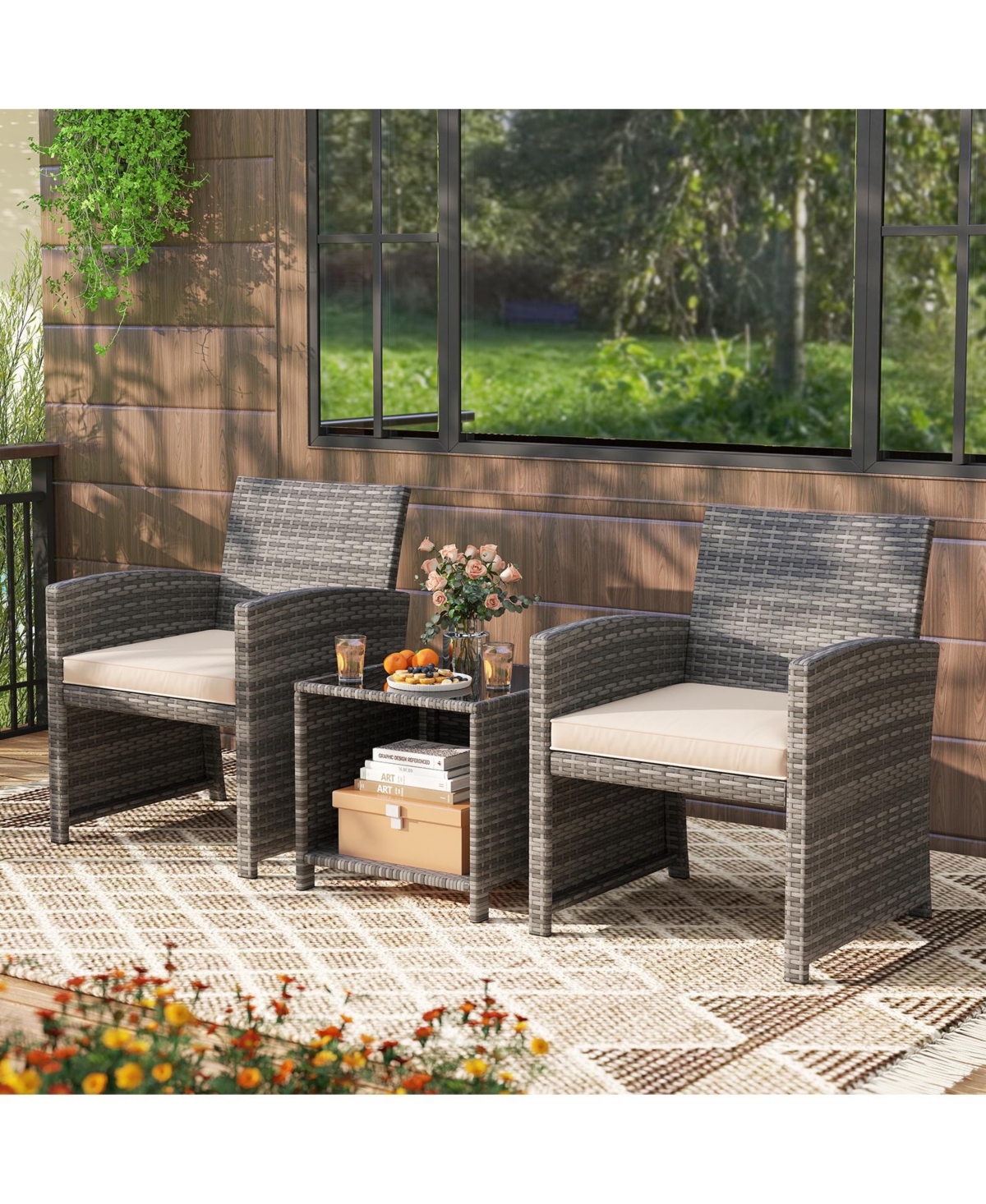Gymax 3 Pieces Patio Furniture Set Pe Rattan Chairs w/ Storage Coffee Table